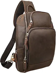 Vintage Full Grain Leather Sling Bag for Travel and Hiking