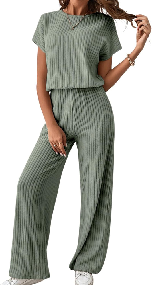 Happy Sailed Women's Casual Loose Ribbed Crewneck Jumpsuit