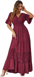 V Neck Formal Lace Maxi Dress - Flowy Ruffle Boho Wedding Guest