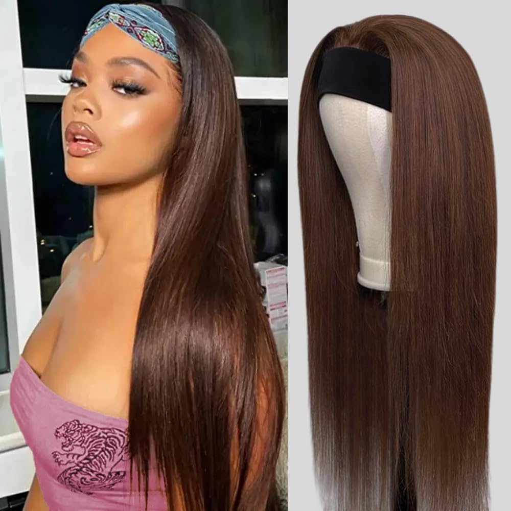 TNICE Headband Wig Human Hair Straight Chocolate Brown Style