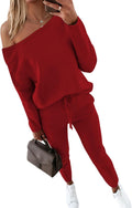 Women Tracksuit Off The Shoulder 2-Piece Jogger Set - Olive Fall Cozy