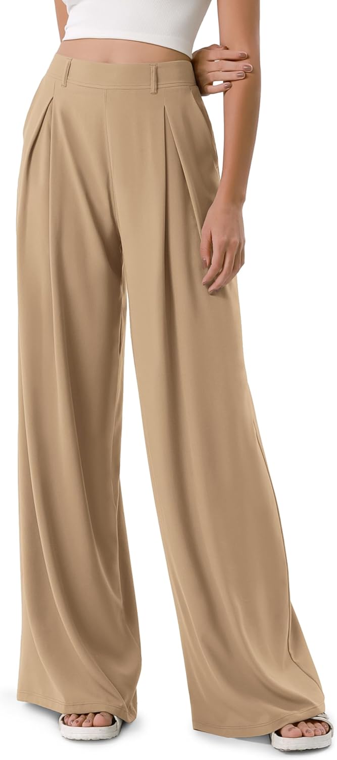 ODODOS Chiffon Flowy Pleated Wide Leg Pants for Women