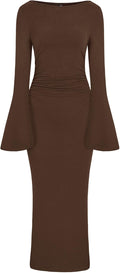Maxi Dresses for Women Long Bell Sleeve Ruched Bodycon Dress