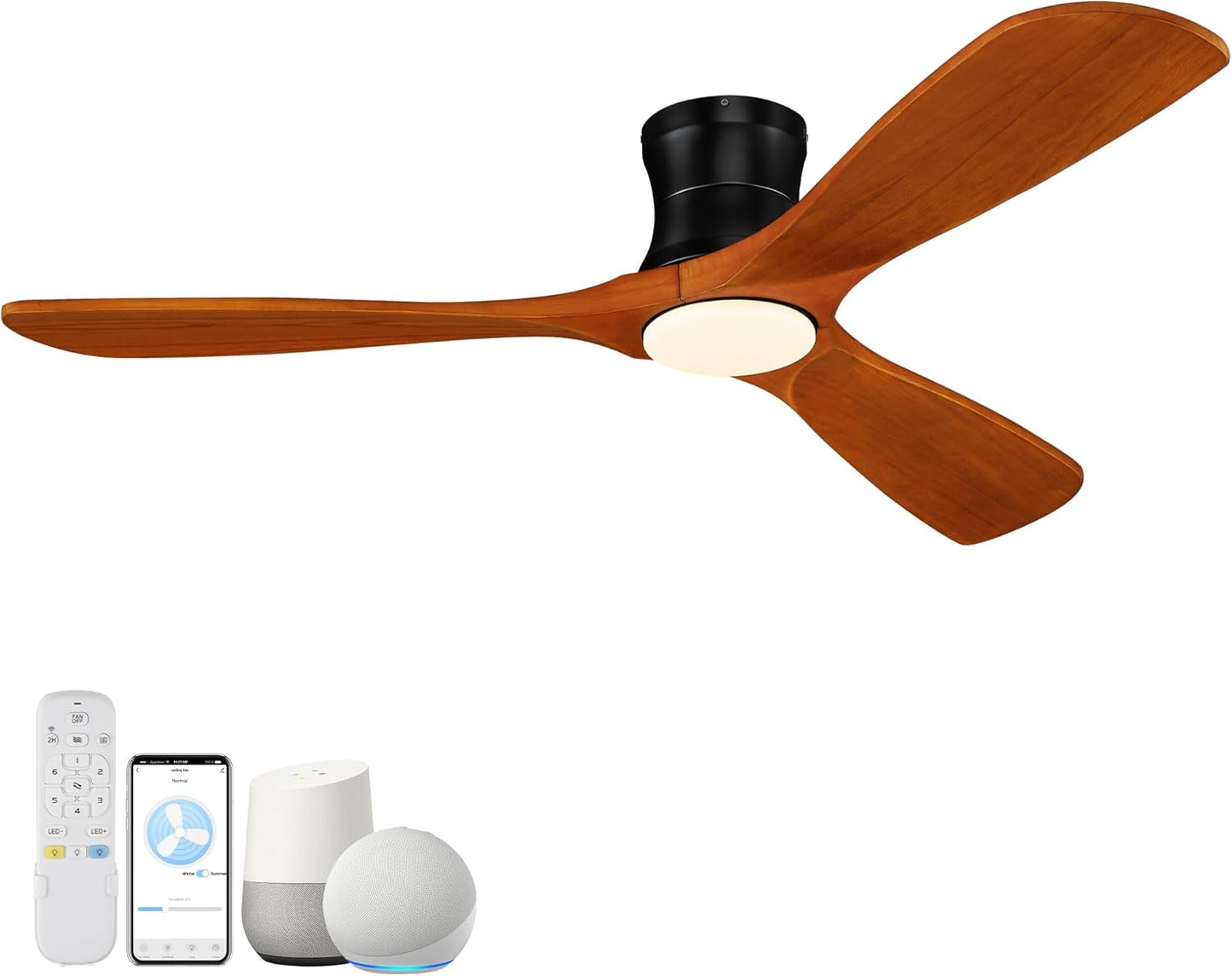 Smart 52 Wood Flush Mount Ceiling Fan with Lights and Remote