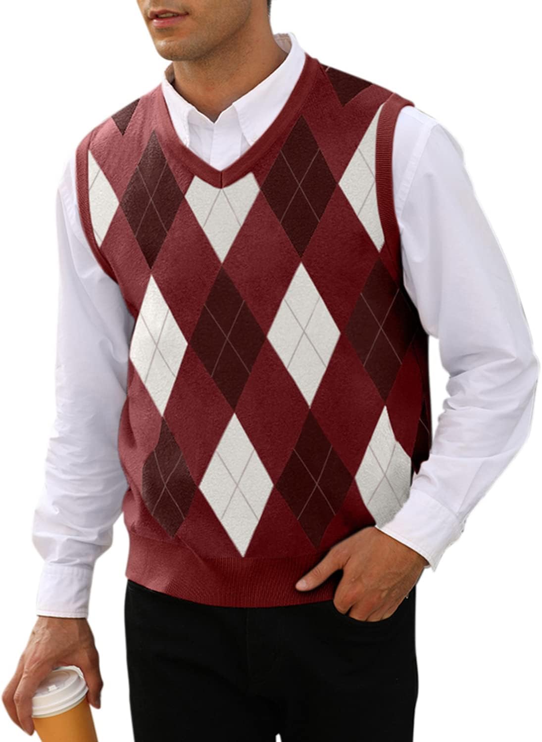 Mens Argyle Knitwear Vest V Neck Sleeveless Casual Slim Fit