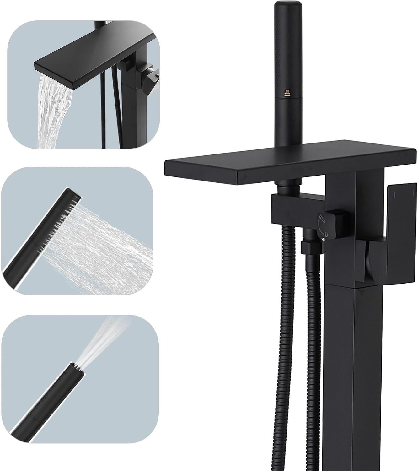 Hoimpro Freestanding Bathtub Faucet Matte Black Waterfall Design