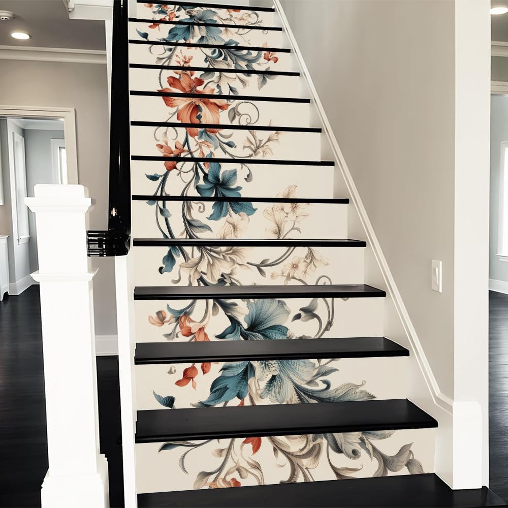 Vintage Beige Cream Flowers Peel and Stick Vinyl Stair Riser Decals
