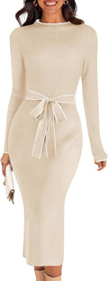 Women's Long Sleeve Midi Sweater Dress with Tie Waist - Bodycon Knit