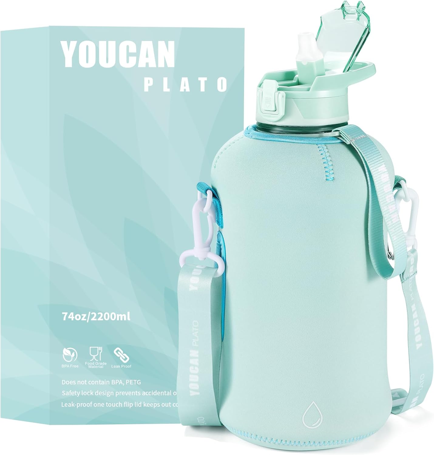 YOUCAN PLATO 74 oz Half Gallon Water Bottle for Hydration