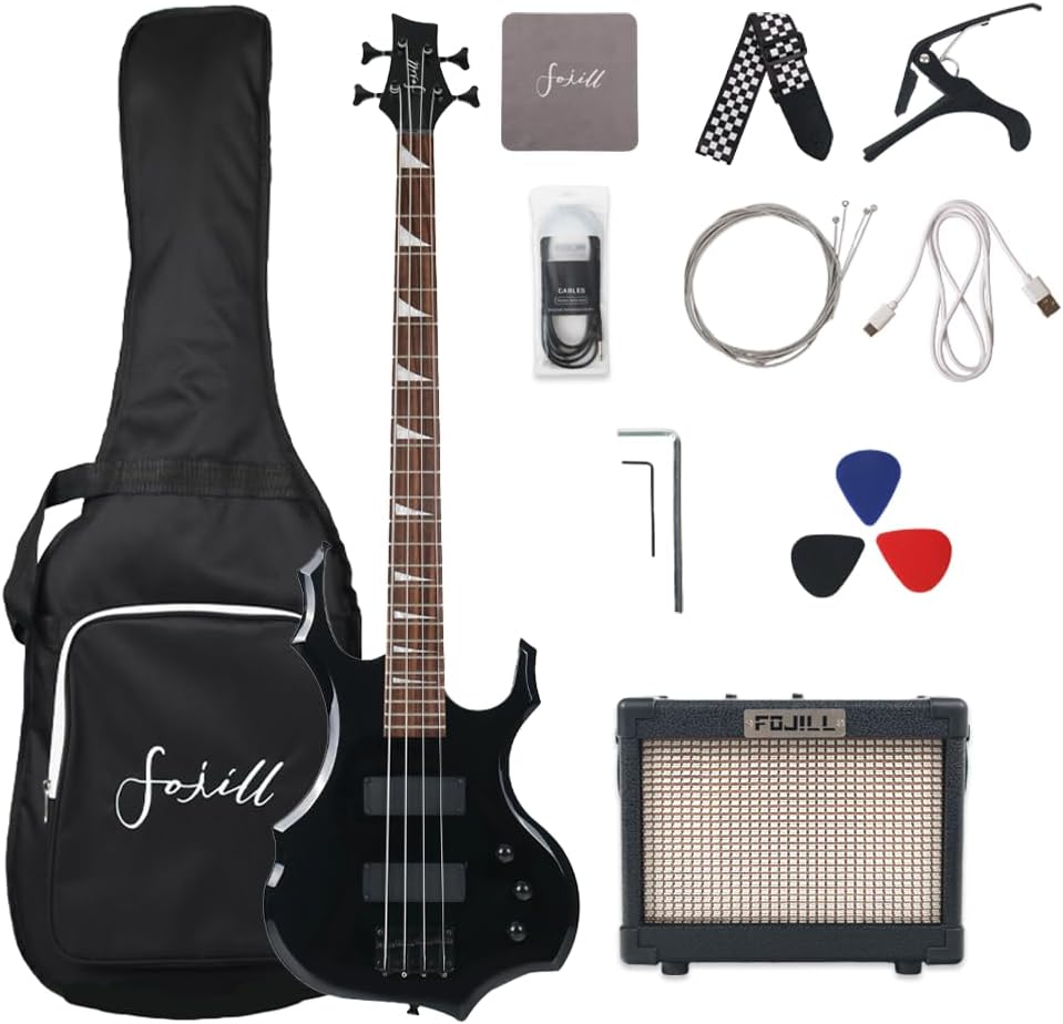 Fojill Full Size Electric Bass Guitar with Bluetooth Amplifier Kit