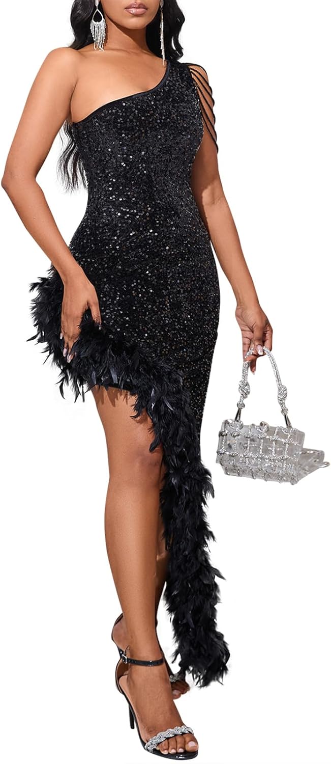 Elegant Sexy Tassels One Shoulder Mermaid Bodycon Dress for Parties