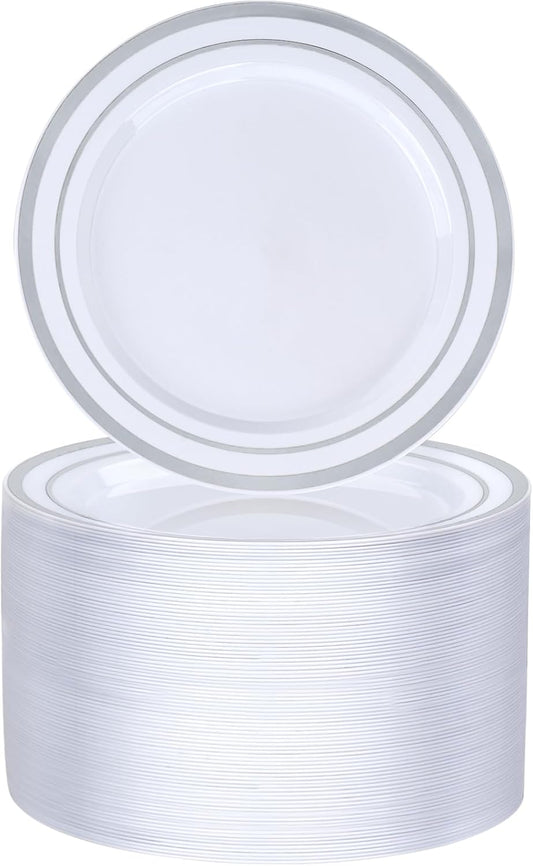 100 Pack Silver Plastic Dessert Plates - Elegant & Durable for Parties