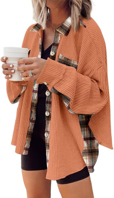 SHEWIN Womens Waffle Knit Plaid Shacket for Stylish Comfort