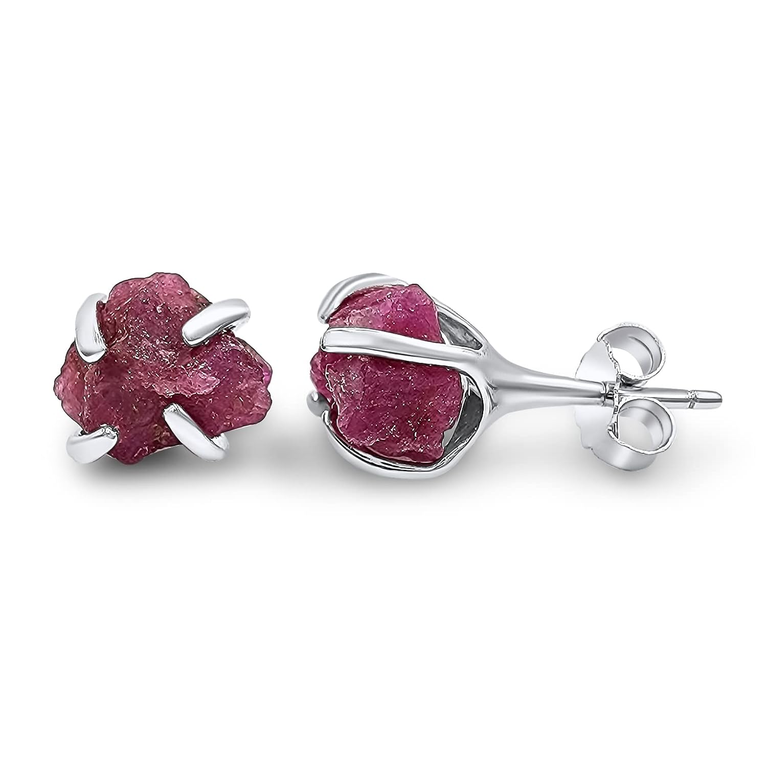 Natural Raw Pink Sapphire Gemstone Stud Earrings in White Gold