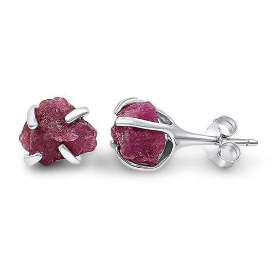 Natural Raw Pink Sapphire Gemstone Stud Earrings in White Gold