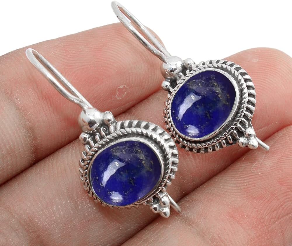 Solid 925 Sterling Silver Dangle Earrings with Lapis Lazuli