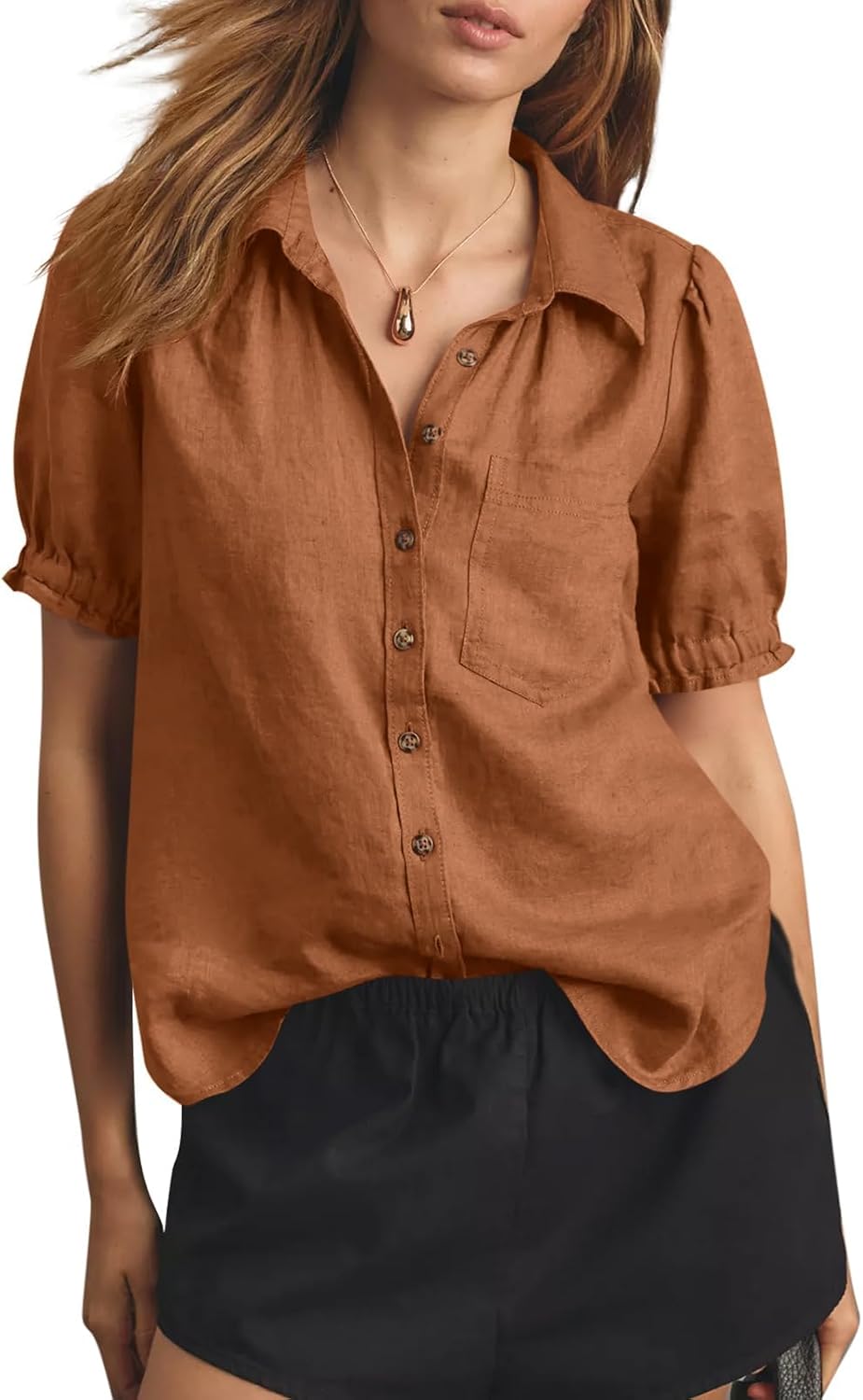 Cicy Bell Womens Puff Short Sleeve Button Down Shirts for Summer