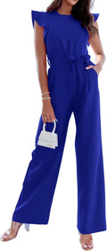 Jumpsuits For Women Crew Neck Ruffle Cap Sleeve - Flattering Wide Leg