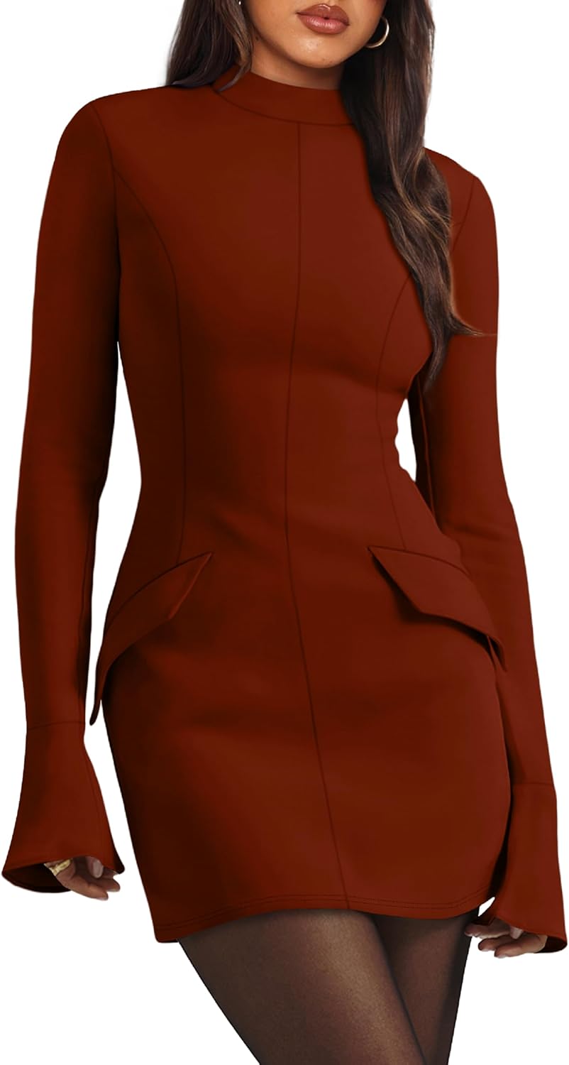 OFEEFAN Women's Fall Long Sleeve Mock Neck Bodycon Mini Dress
