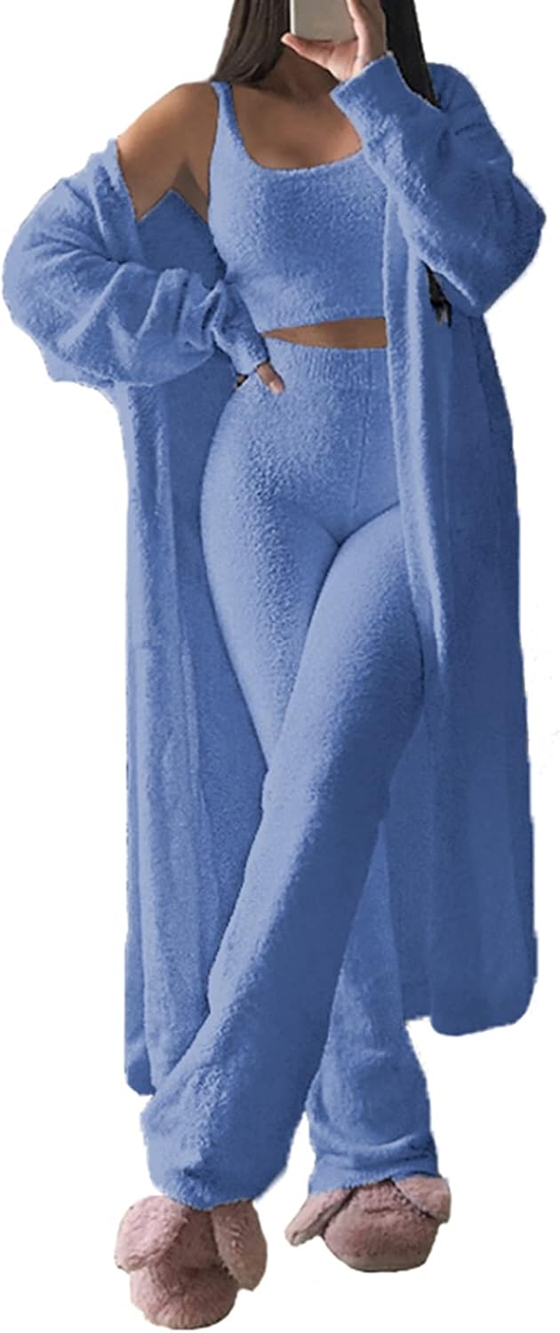 Fuzzy 3 Piece Sweatsuit Set for Women - Cozy Lounge Wear