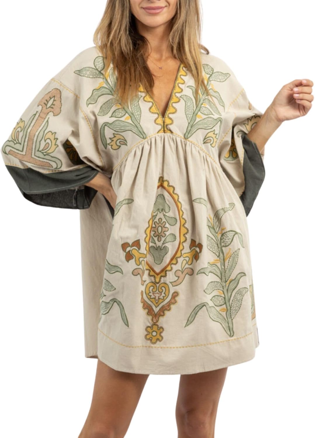 Womens Oversized Embroidered Dress with V-Neck and 3/4 Sleeves