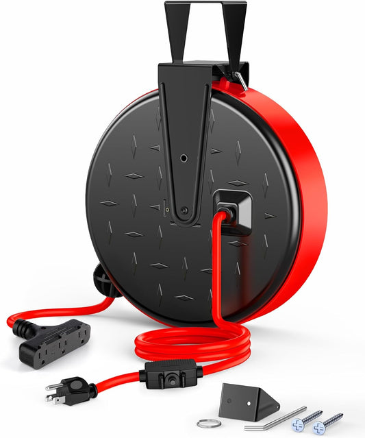 DEWENWILS 30FT Extension Cord Reel with 3 Outlets for Safety
