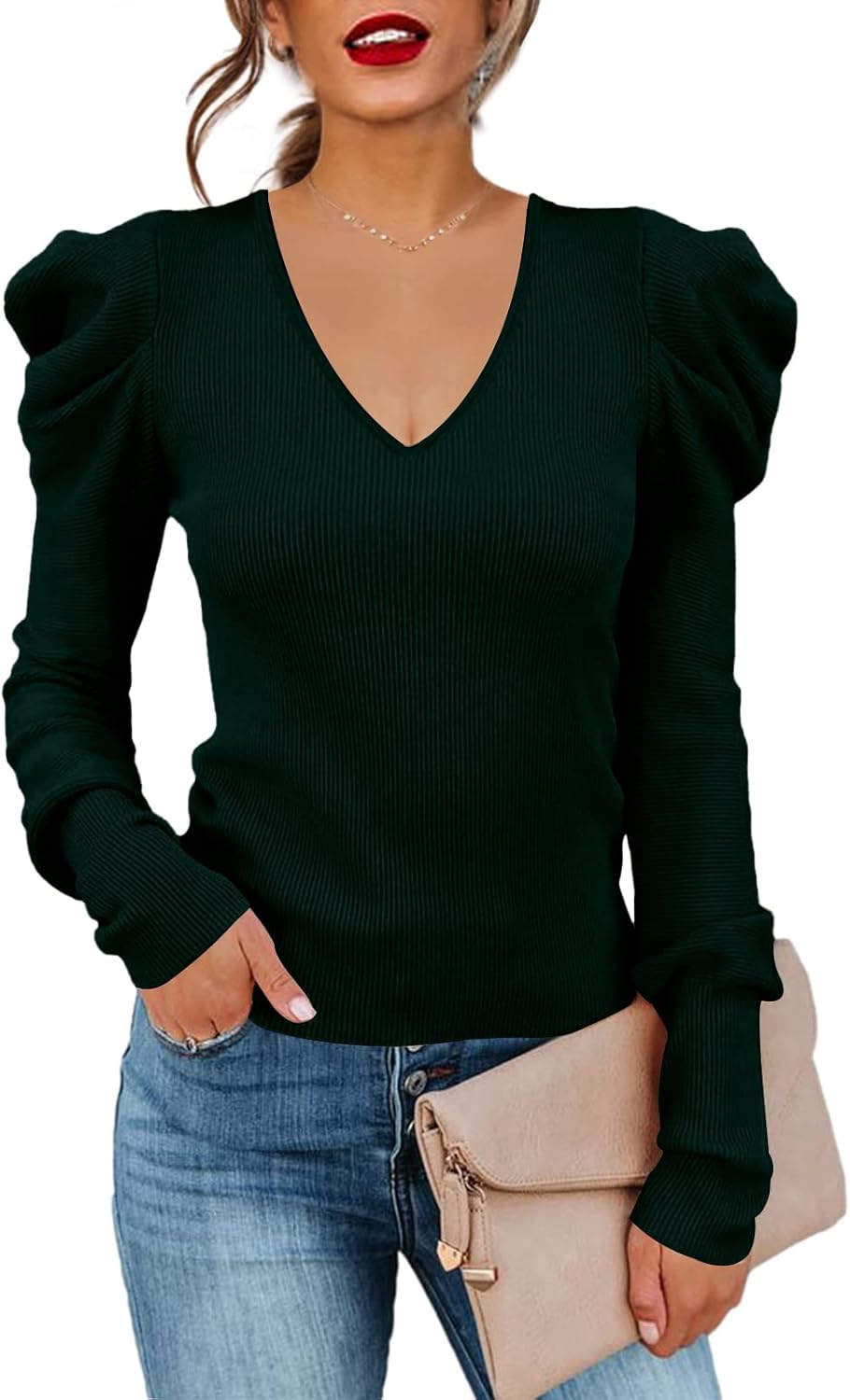 Amarmia Women's Puff Long Sleeve Knit Pullover Sweater Blouse