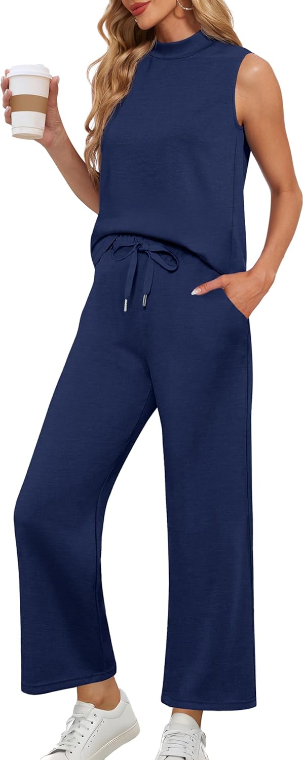 Lepunuo Two Piece Sets for Women Summer Mock Neck Lounge Wear