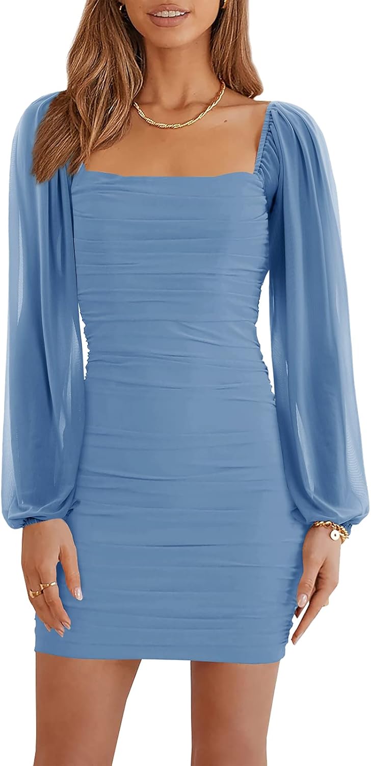 Wenrine Women's Mesh Long Sleeve Square Neck Bodycon Mini Dress