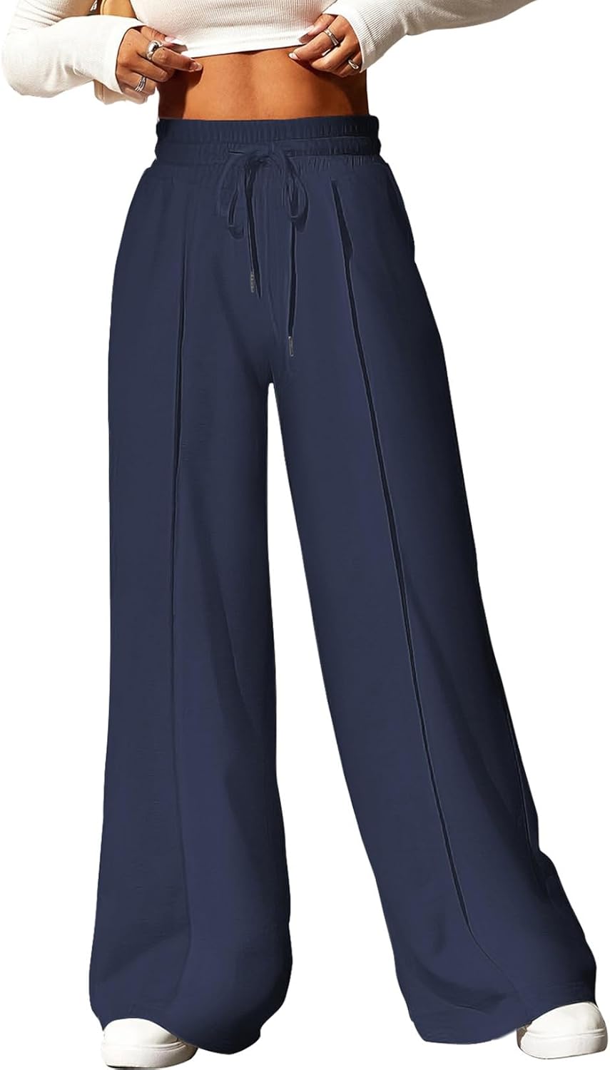 High Waisted Drawstring Waist Wide Leg Sweatpants for Women