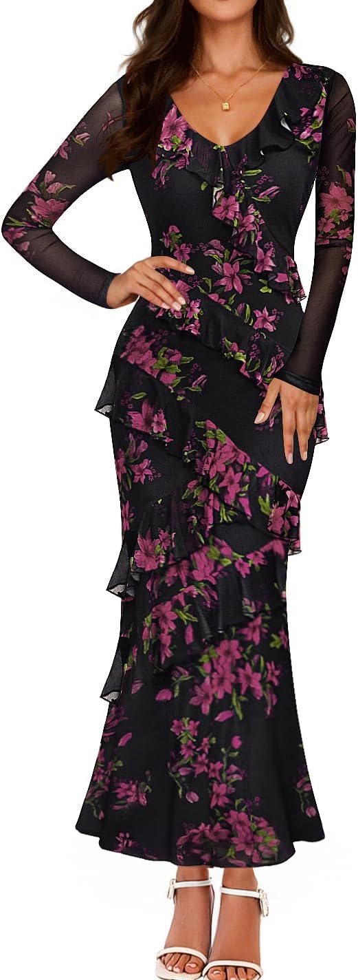 ZESICA Women's Floral Long Sleeve Maxi Dress for Fall Events