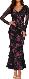 Women's Fall Floral Long Sleeve Maxi Dress - Elegant Ruffle Bodycon If