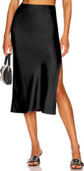 Womens Satin Silk High Waist Slit Midi Skirt - Smooth Satin Finish
