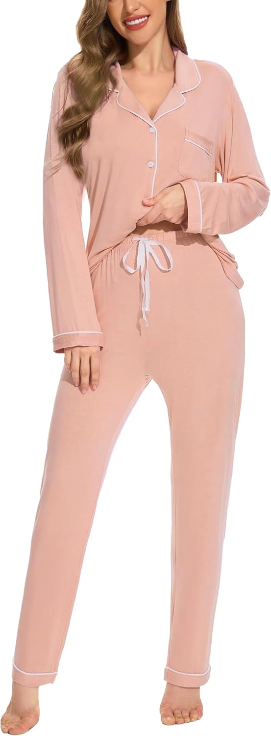 Button Up Pajamas for Women Long Sleeve Soft Loungewear Set