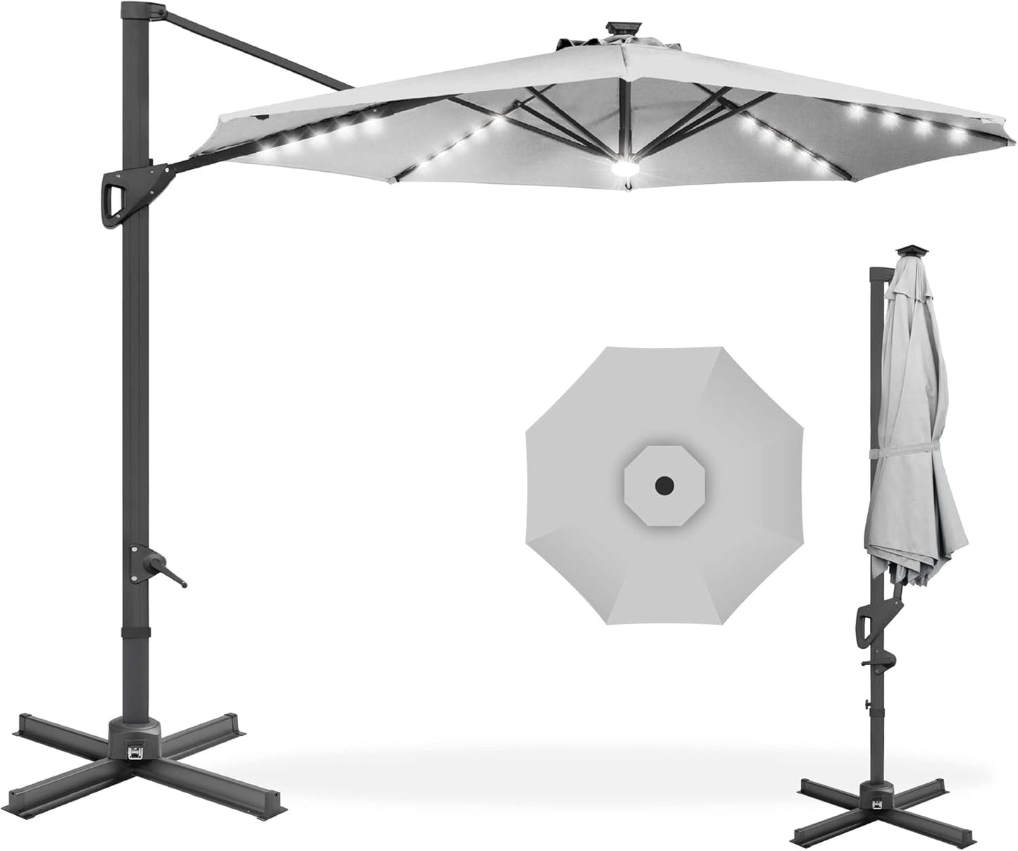 10ft Solar LED Cantilever Patio Umbrella with 360-Degree Rotation