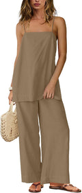 Linen 2 Piece Pants Set for Women - Spaghetti Tank & Wide Leg