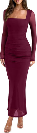 Long Sleeve Wedding Guest Maxi Dress - Sheer Mesh Square Neck 2025