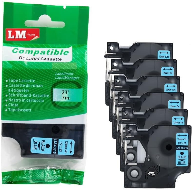 Premium LM Tapes 6/Pack 1/2 in Black on Blue Label Maker Tape