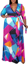 Runwind Plus Size Floral Maxi Dress - Flowy 3/4 Sleeve Belted