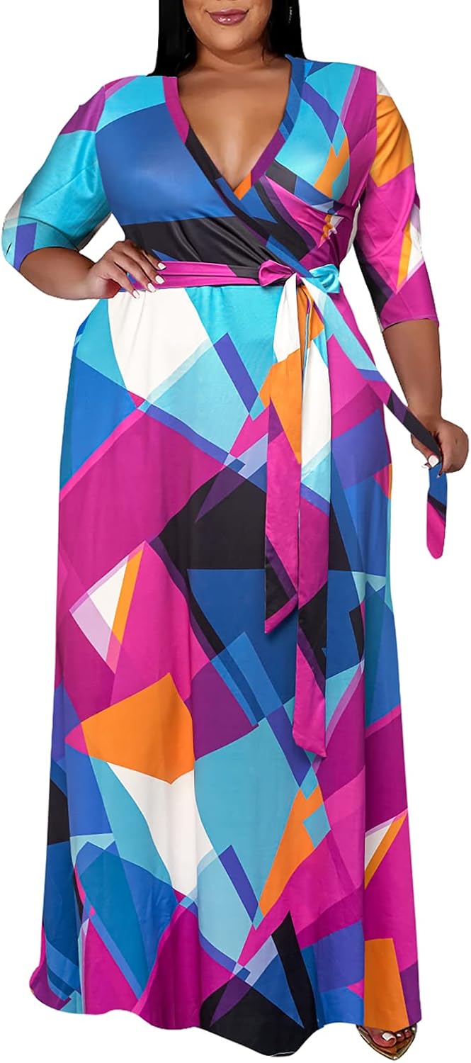 Runwind Plus Size Floral Maxi Dress for Women with Belt