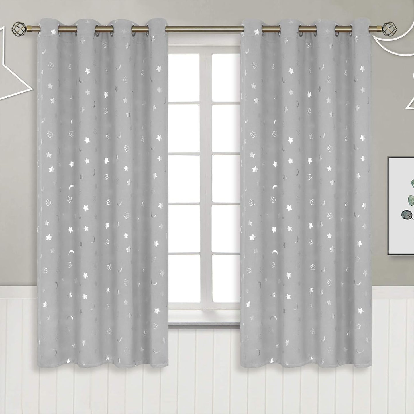 Star and Moon Blackout Curtains for Kids' Bedrooms 63 Inch