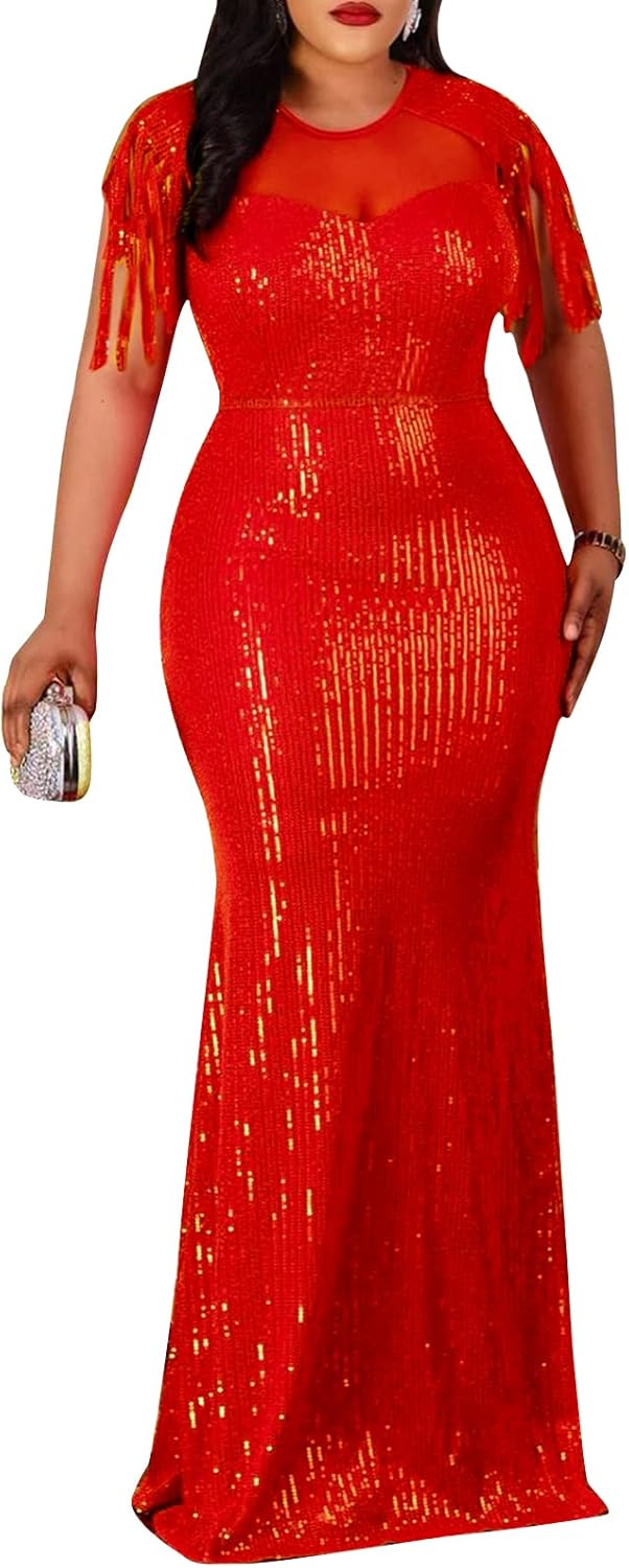 Cololura Sexy Sequin Tassel Mesh Perspective Party Dress
