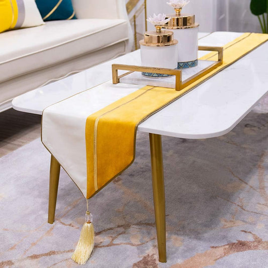 Luxury Yellow White Gold Leather Striped Table Runner for Decor