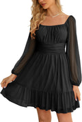 Mesh Long Sleeve Square Neck Mini Dress - Flattering High Waist Fit Do