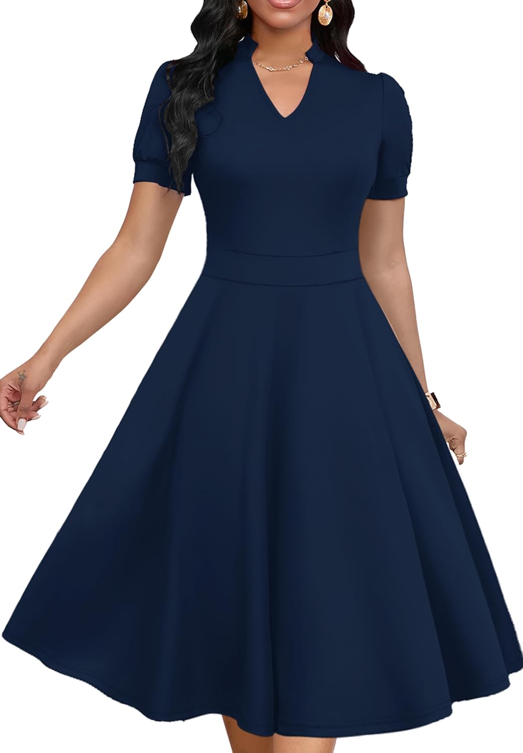 Womens Short Puff Sleeve V Neck Casual Semi-Formal Dress