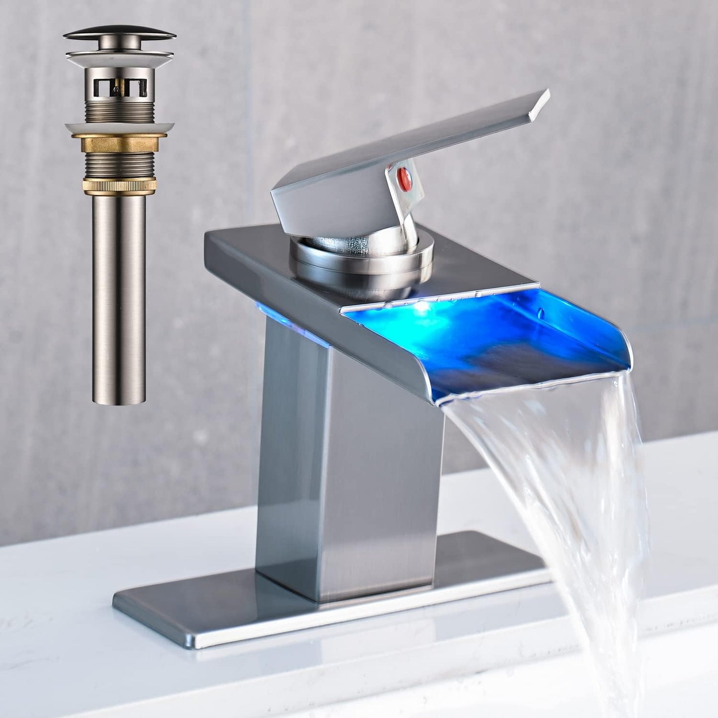 LED Bathroom Sink Faucet with Brushed Nickel Waterfall Design