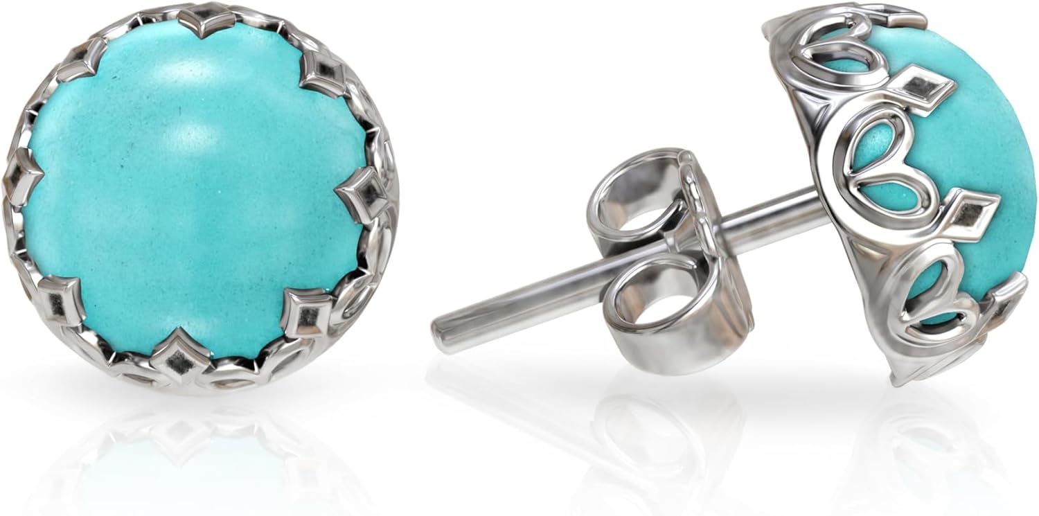Turquoise Stud Earrings in Sterling Silver 925 for Women 8mm