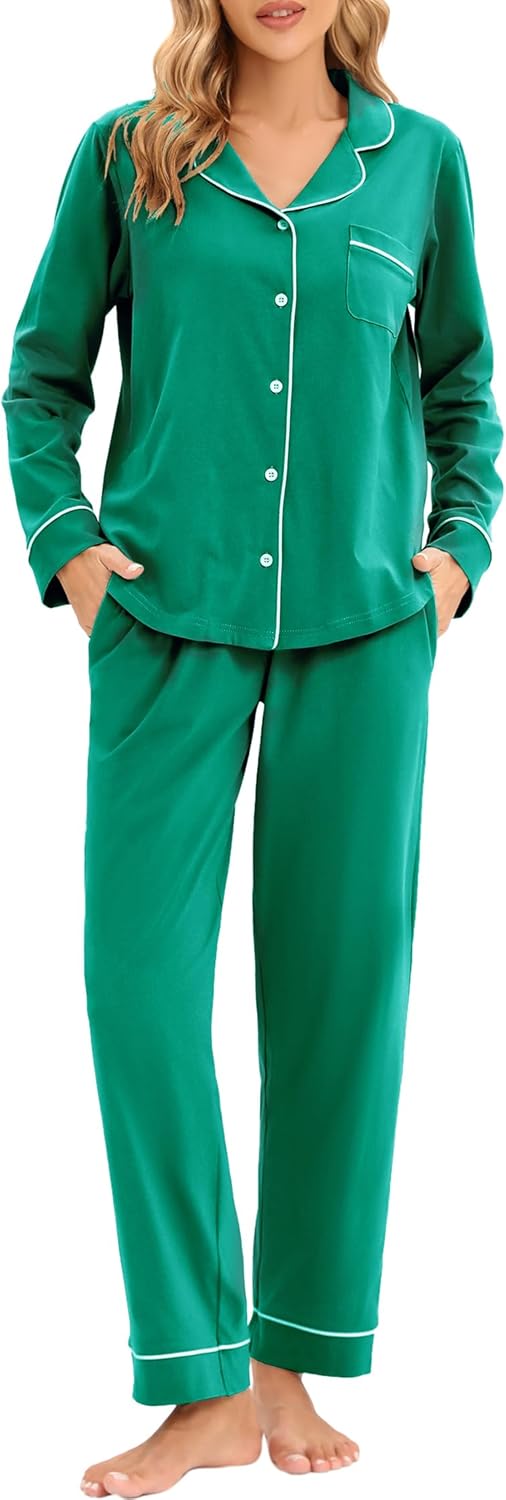LUBOT 100% Cotton Pajamas for Women Soft Button-Down Set