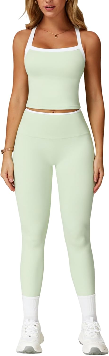 Womens Workout Sets Two Piece Cross Back Tank Top Leggings