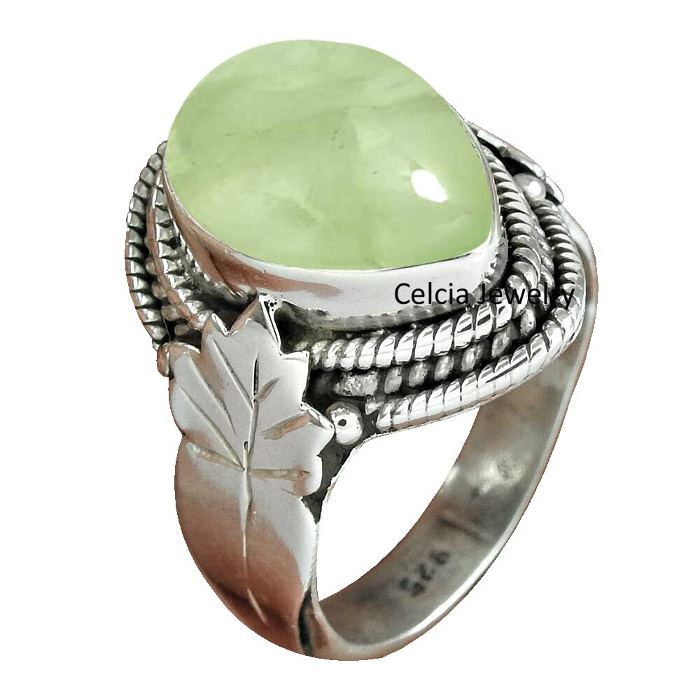 Genuine Prehnite Gemstone Pear Shape Ring in Solid 925 Silver